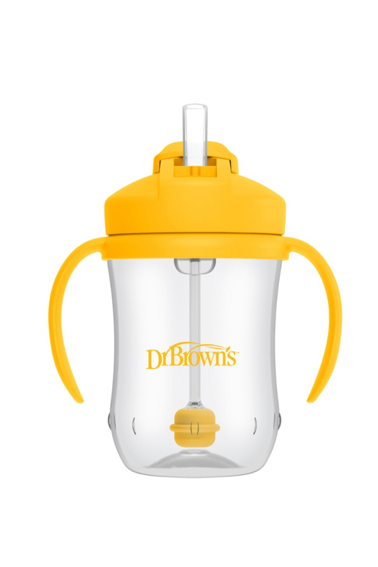 1er VASO CON ASAS Y PAJITA 270 ml 6M AMARILLO - DR. BROWN'S