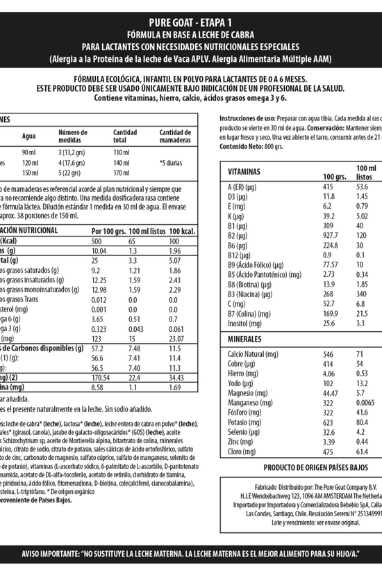 Fórmula Infantil Orgánica de Cabra Pure Goat etapa 1 Lata de 800 gr