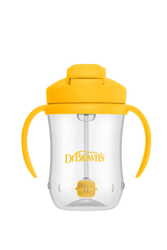 1er VASO CON ASAS Y PAJITA 270 ml 6M AMARILLO - DR. BROWN'S