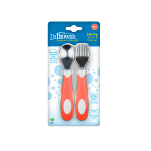 SET TENEDOR Y CUCHARA AGARRE SUEVE  12M+ (CORAL /BLANCO) - DR. BROWN’S