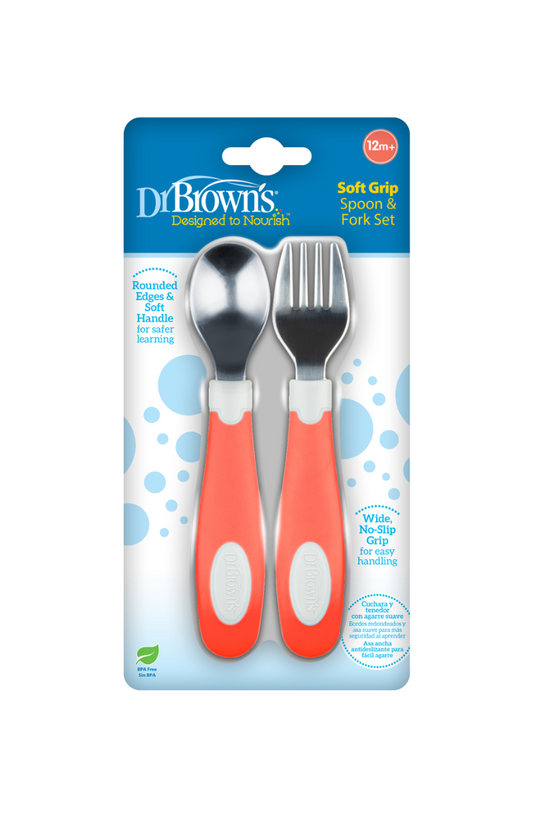 SET TENEDOR Y CUCHARA AGARRE SUEVE  12M+ (CORAL /BLANCO) - DR. BROWN’S