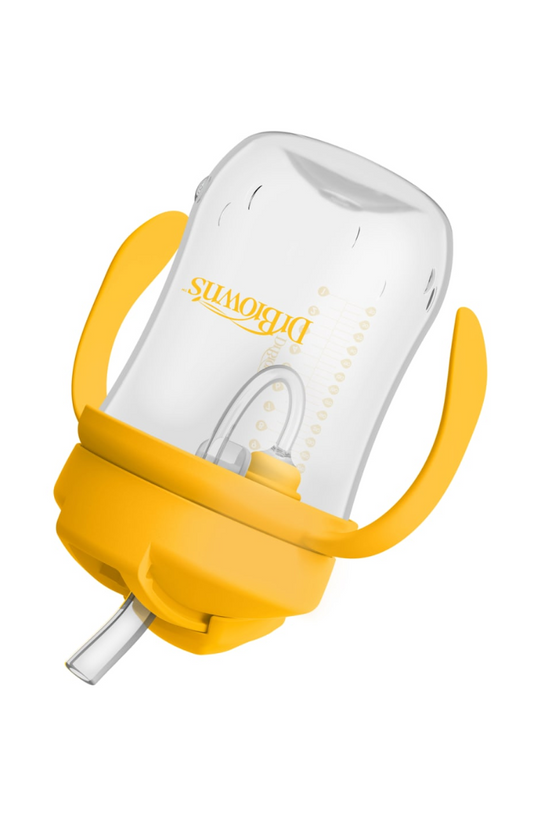 1er VASO CON ASAS Y PAJITA 270 ml 6M AMARILLO - DR. BROWN'S