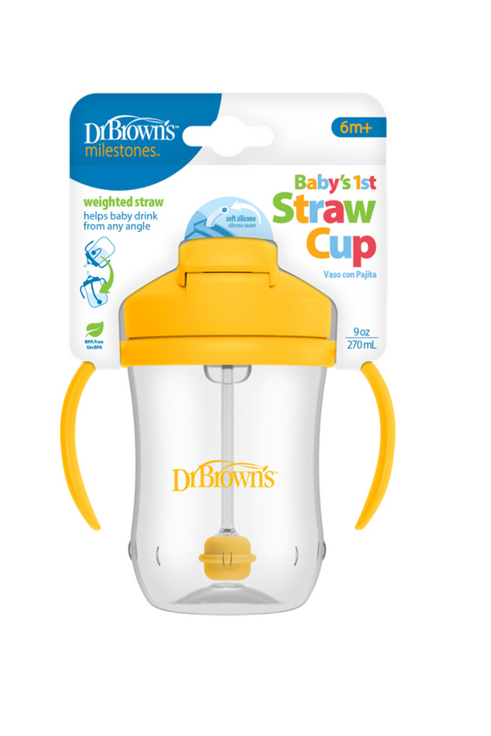 1er VASO CON ASAS Y PAJITA 270 ml 6M AMARILLO - DR. BROWN'S