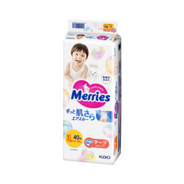 Pañales Merries Talla XL (12 a 20 kg) con Cintas Ajustables – 40 Unidades