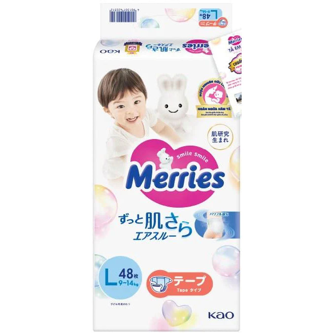 Pañales Merries Talla L (9 a 14 kg) con Cintas Ajustables – 48 Unidades