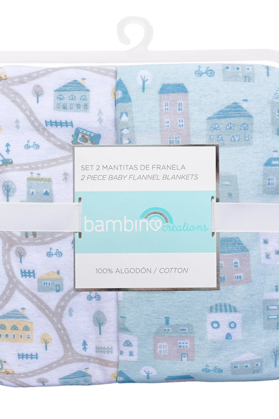 Mantitas de Franela 100% Algodón Bambino con autitos y casitas 2 unds