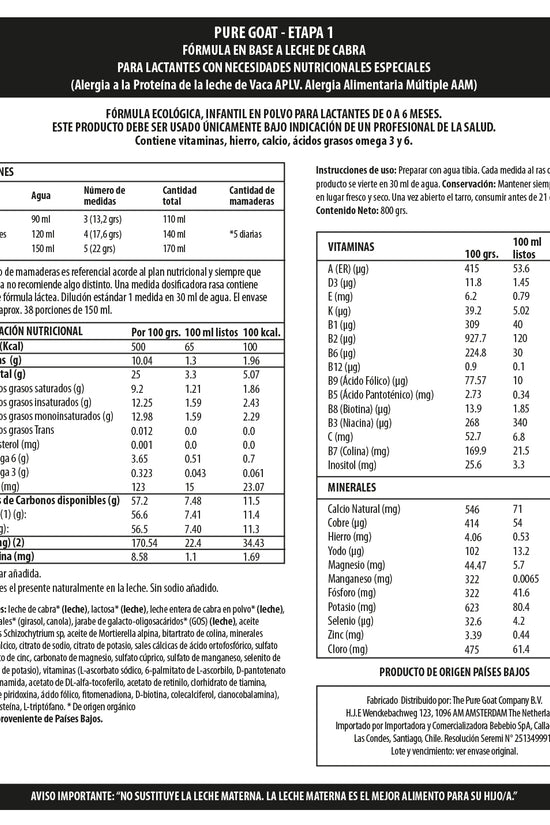 Fórmula Infantil Orgánica De Cabra Pure Goat Etapa 1 800 Gr Pack x3 Unds