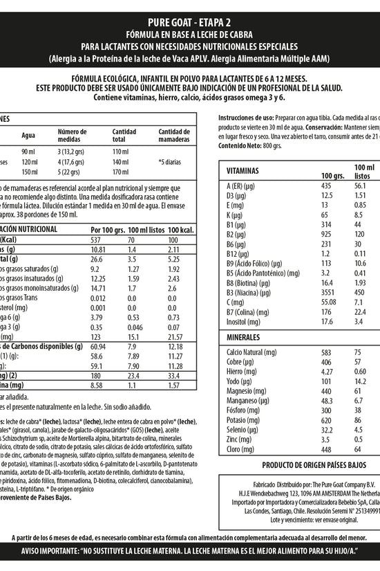 Fórmula Infantil Orgánica de Cabra Pure Goat Etapa 2 De 800 Gr Pack x3 Unds