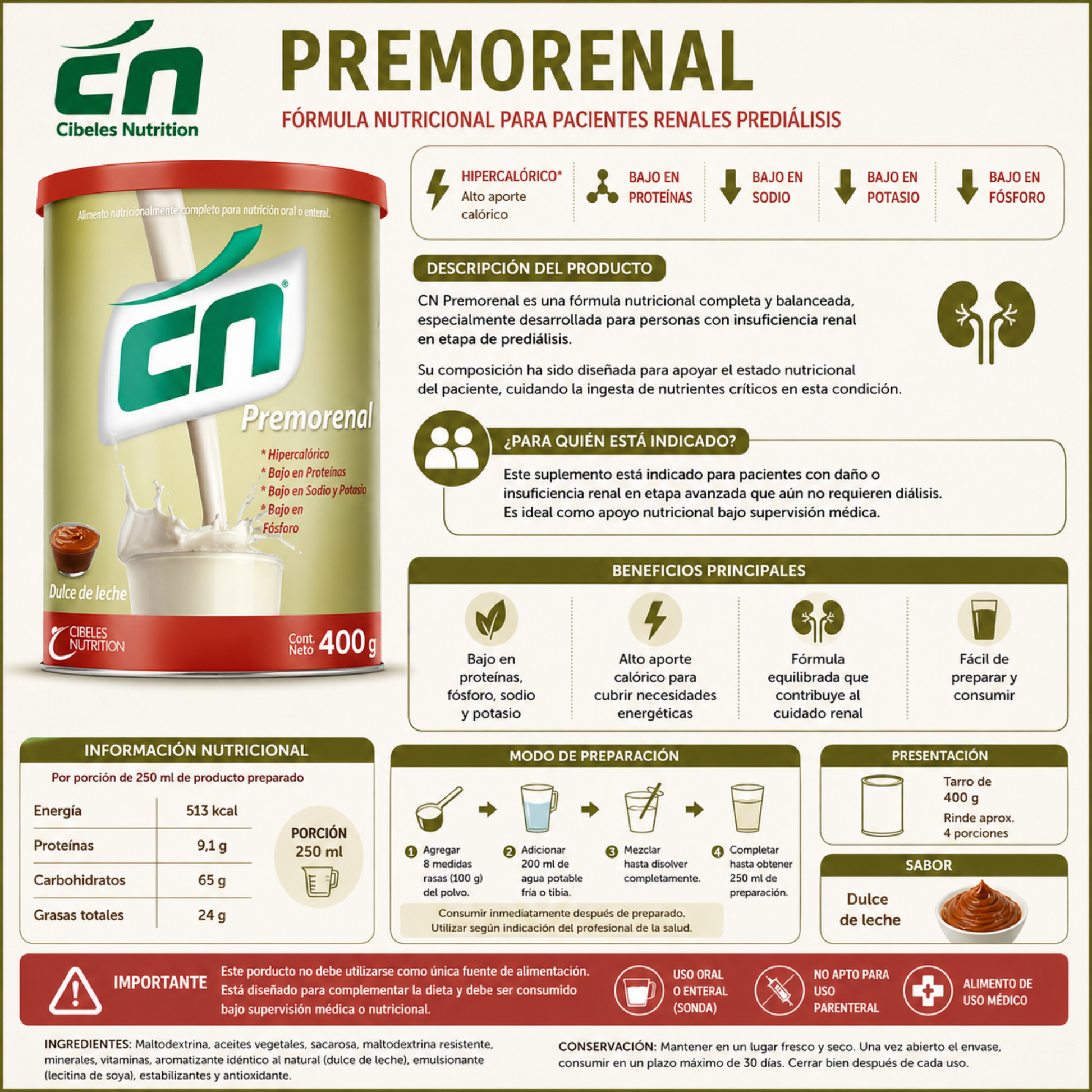 Pack x3 Suplemento Premo-Renal CN Dulce de Leche 400 g Polvo