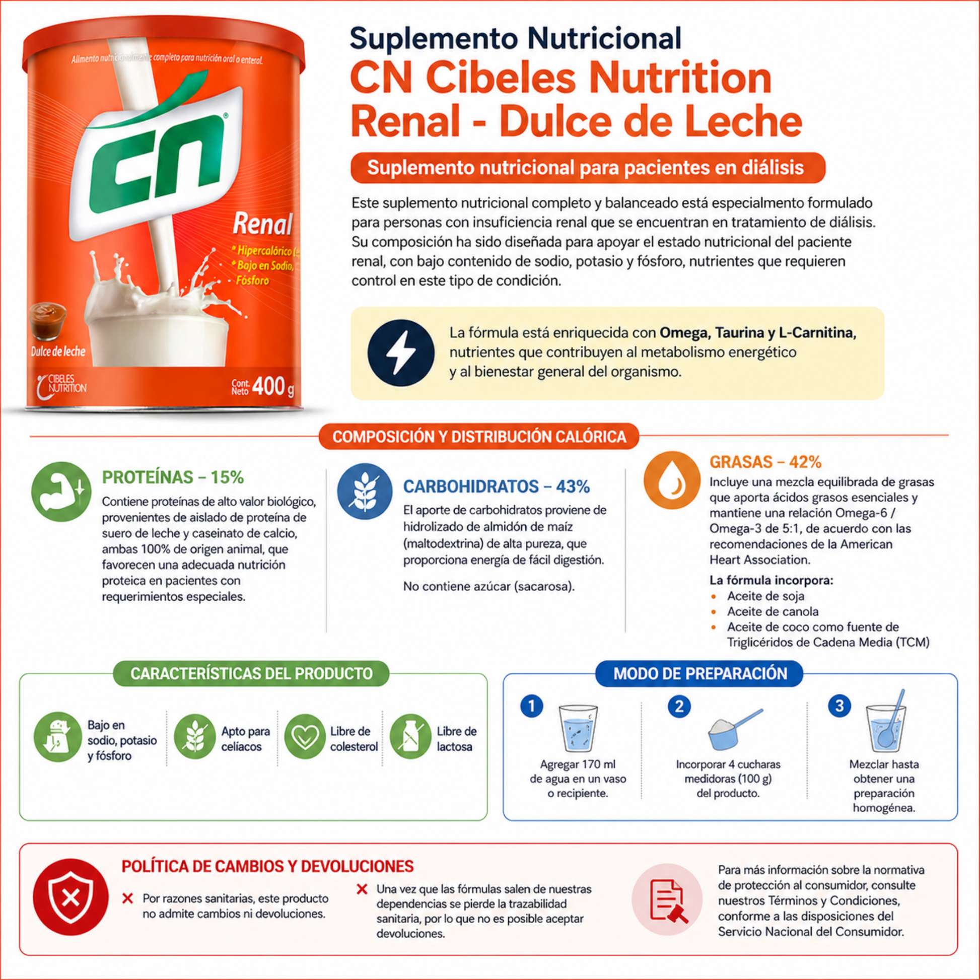 Suplemento Nutricional CN Cibeles Nutrition Renal - Dulce de Leche