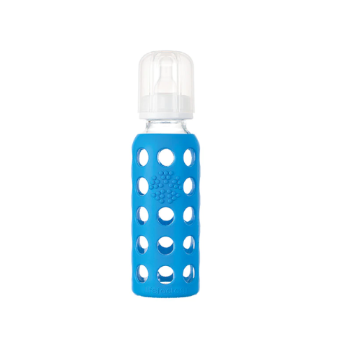 MAMADERA VIDRIO FUNDA SILICONA AZUL 250 ML - LIFEFACTORY